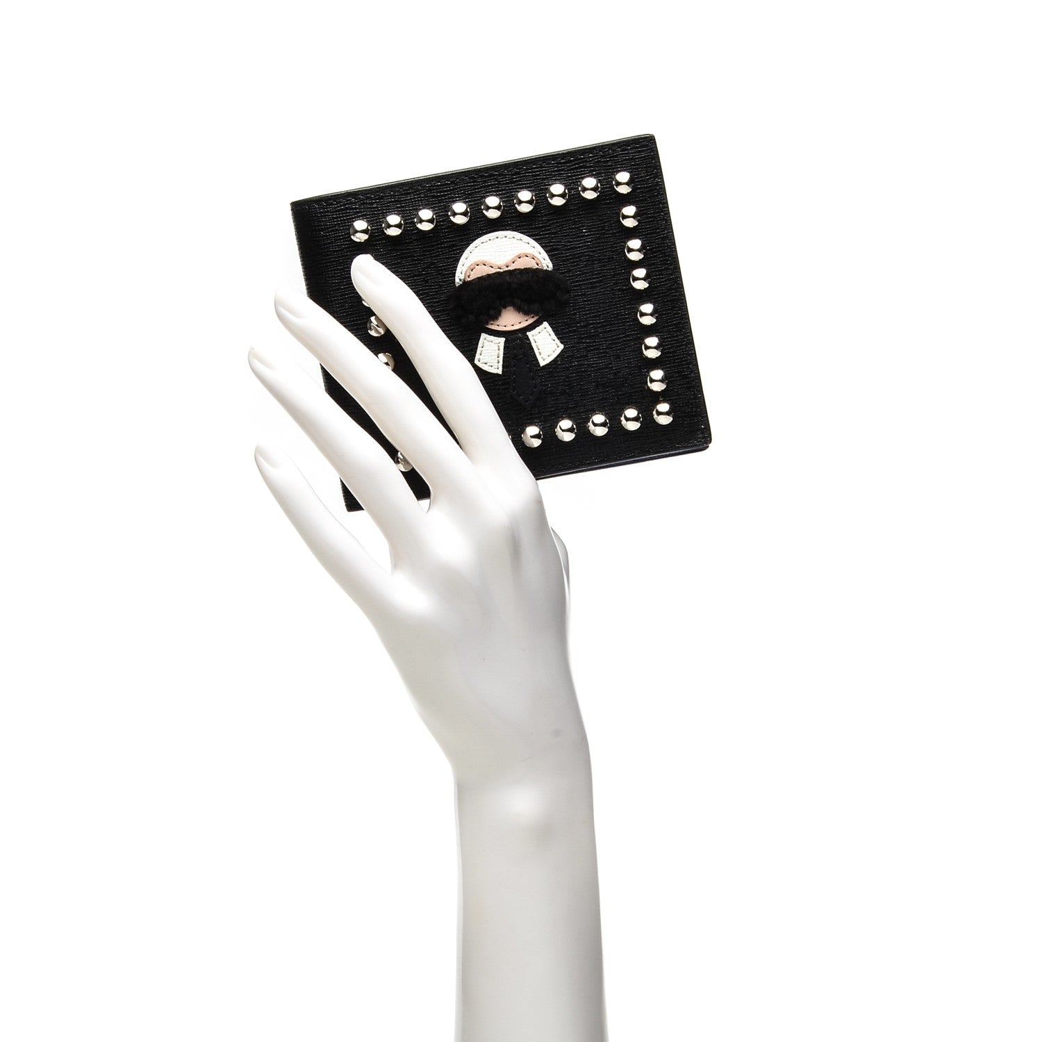 Fendi Vitello Elite Flamingo Mink Karlito Studded Bi-Fold Wallet Black White Plaster 2 of 9