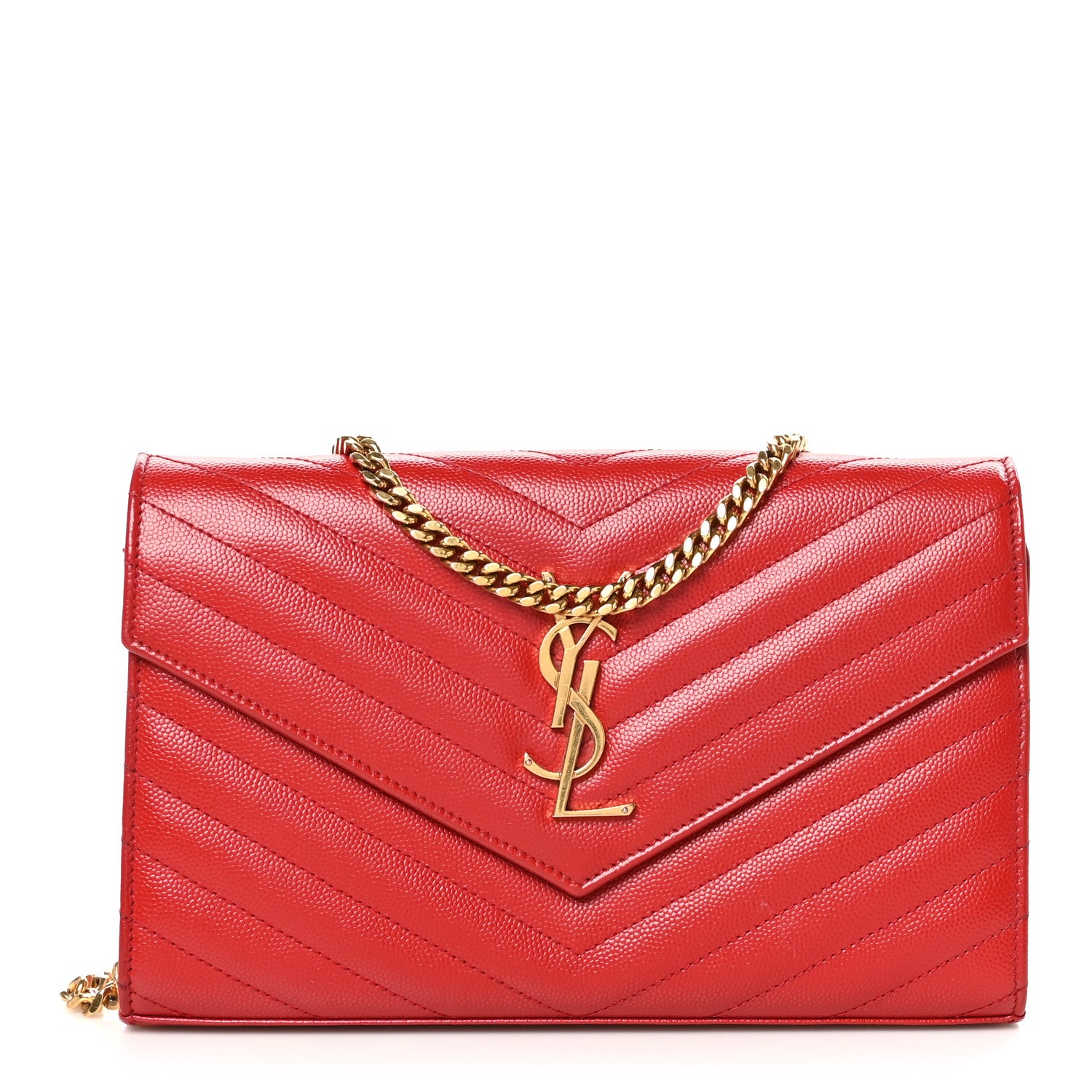 Saint Laurent Grain De Poudre Matelasse Chevron Monogram Chain Wallet Red 1 of 13