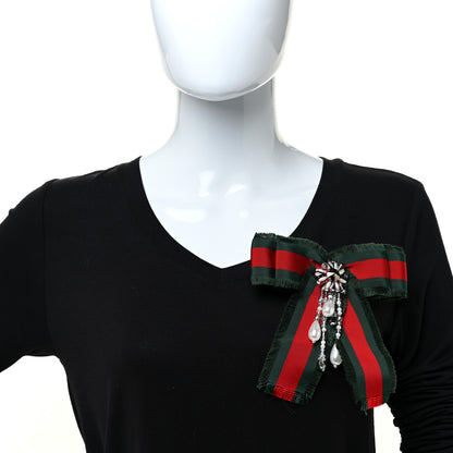 Gucci Grosgrain Web Pearl Crystal Bow Brooch 2 of 4