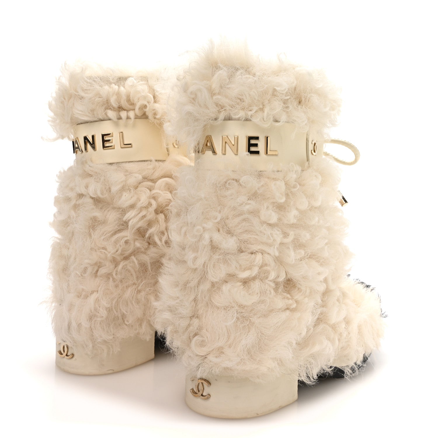 Chanel Shearling Sheepskin High Boots 38.5 Ivory Black 5 of 8