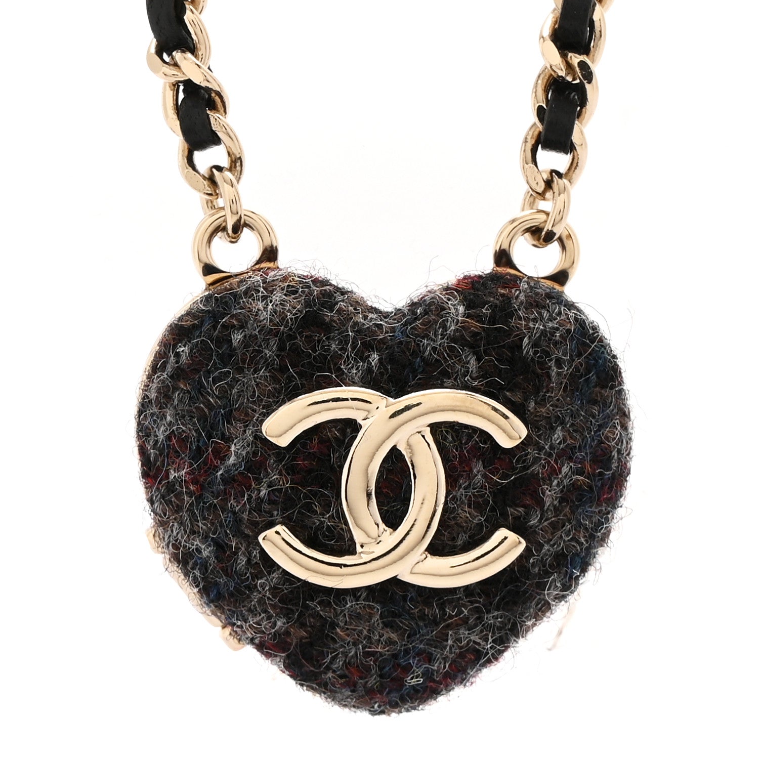 Chanel Tweed Lambskin CC Heart Locket Necklace Gold Black Beige 4 of 9