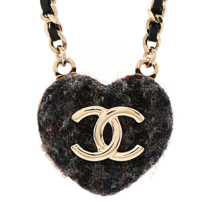 Chanel Tweed Lambskin CC Heart Locket Necklace Gold Black Beige 4 of 9