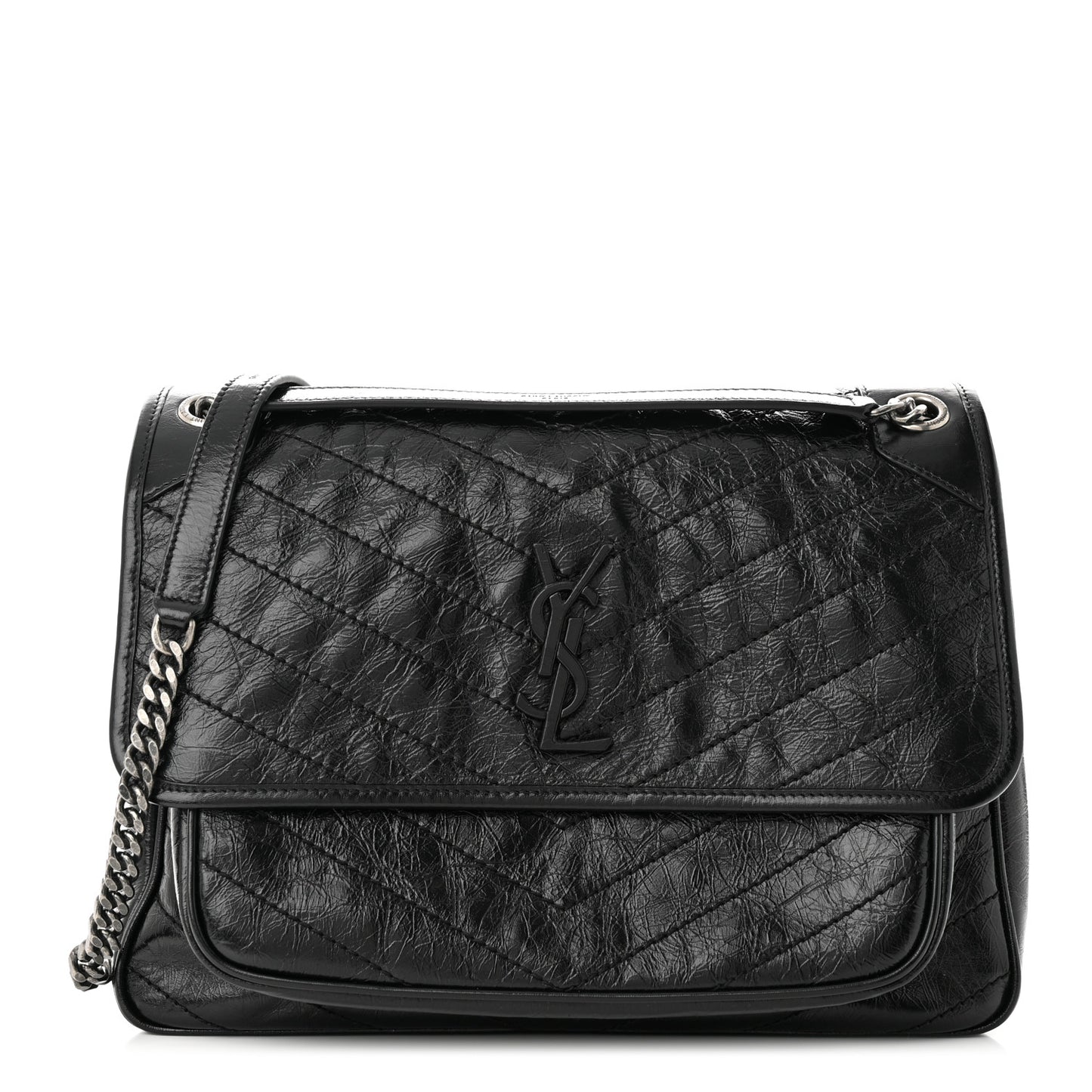 Crinkled Calfskin Matelasse Monogram Large Niki Chain Satchel Black