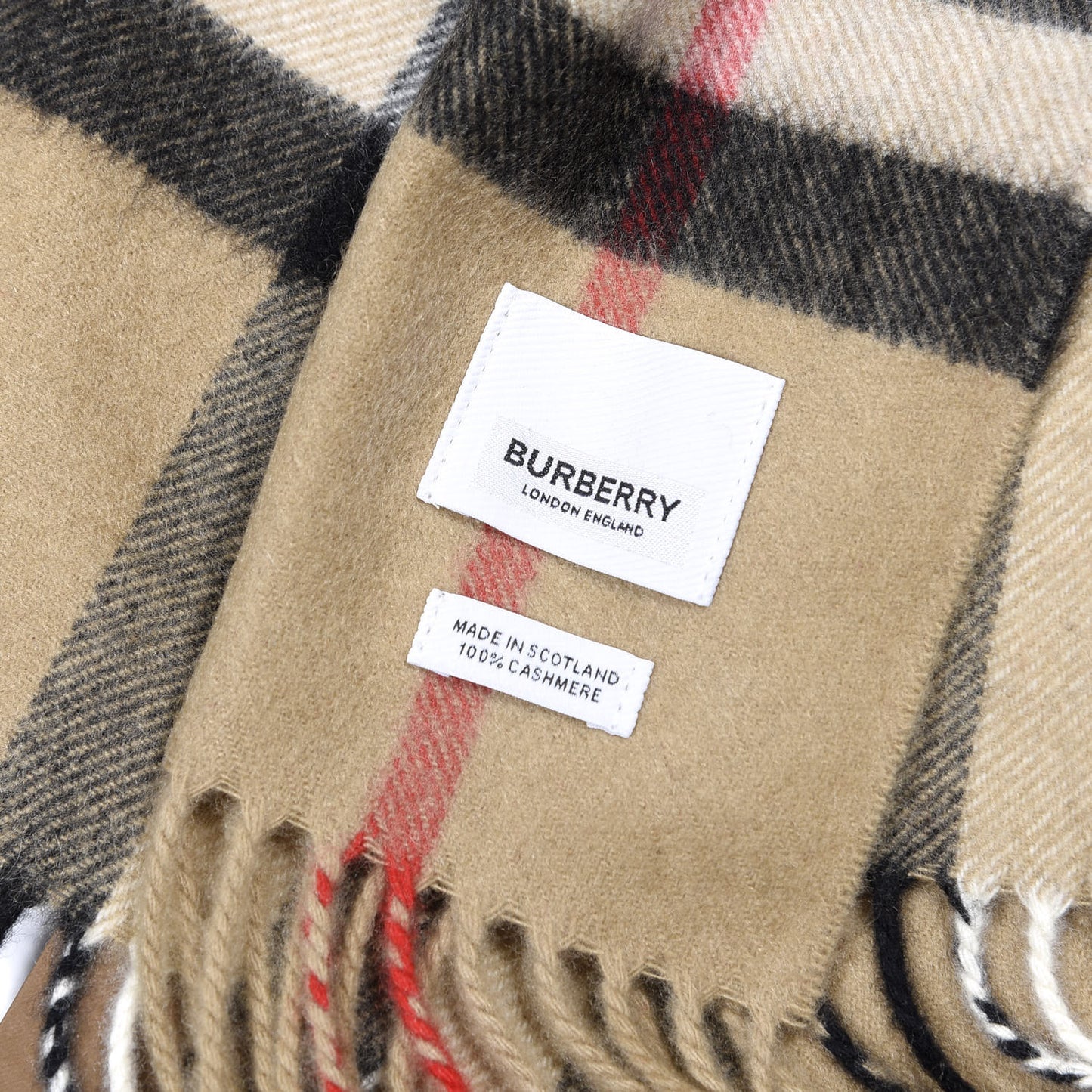 Cashmere Giant Check Fringe Scarf Archive Beige