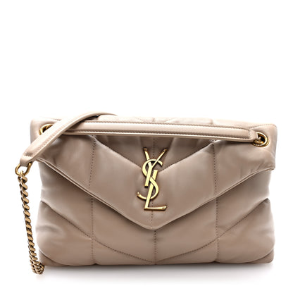 Saint Laurent Lambskin Quilted Small Loulou Puffer Monogram Chain Satchel Dark Beige 1 of 10
