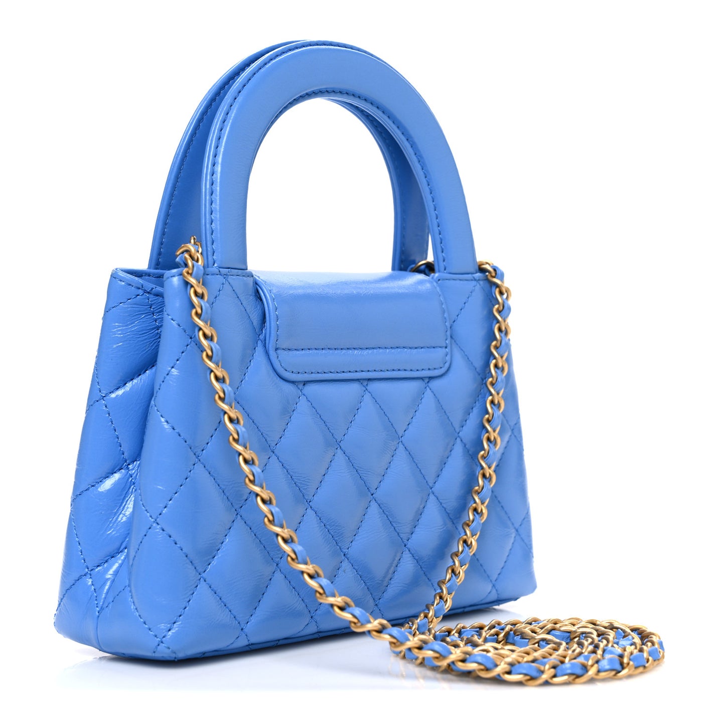 Shiny Aged Calfskin Quilted Nano Kelly Shopper Blue