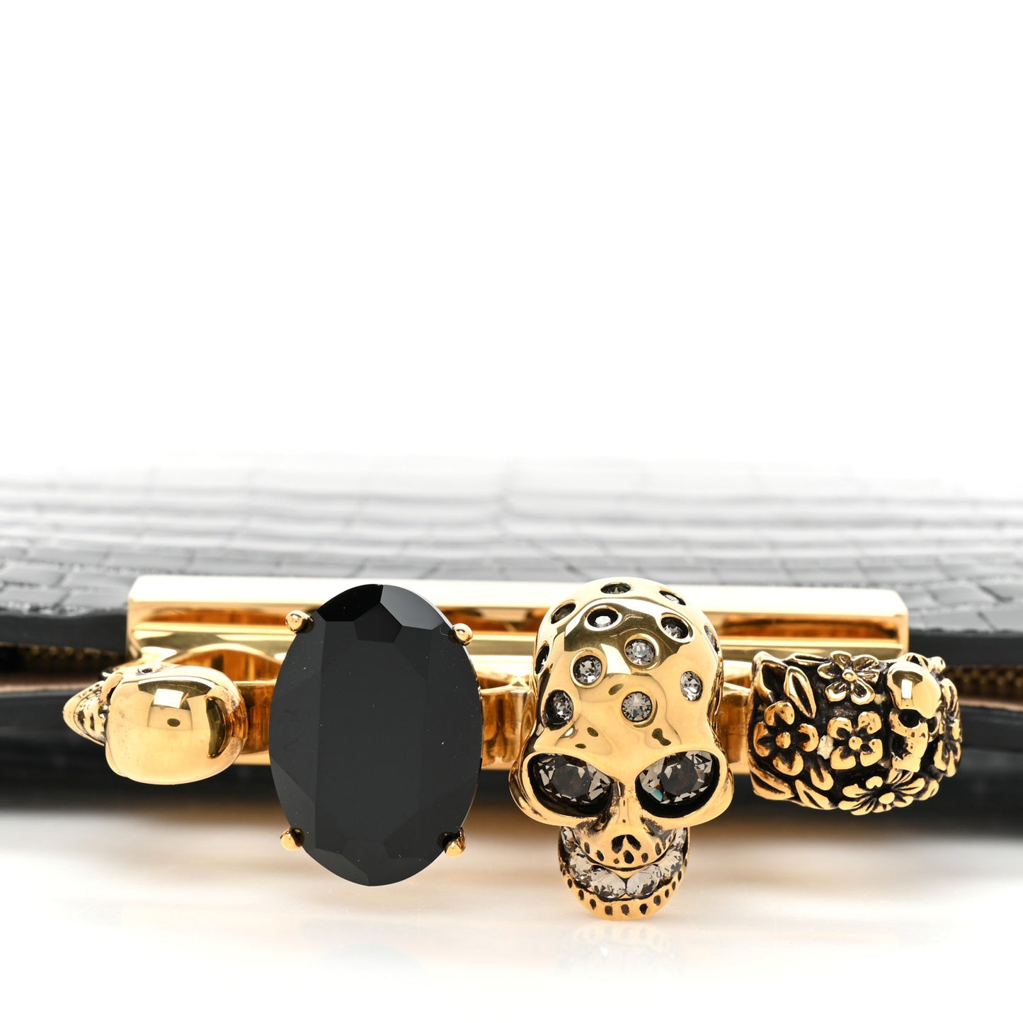 Calfskin Crocodile Embossed Knuckle Flat Clutch Black Gold