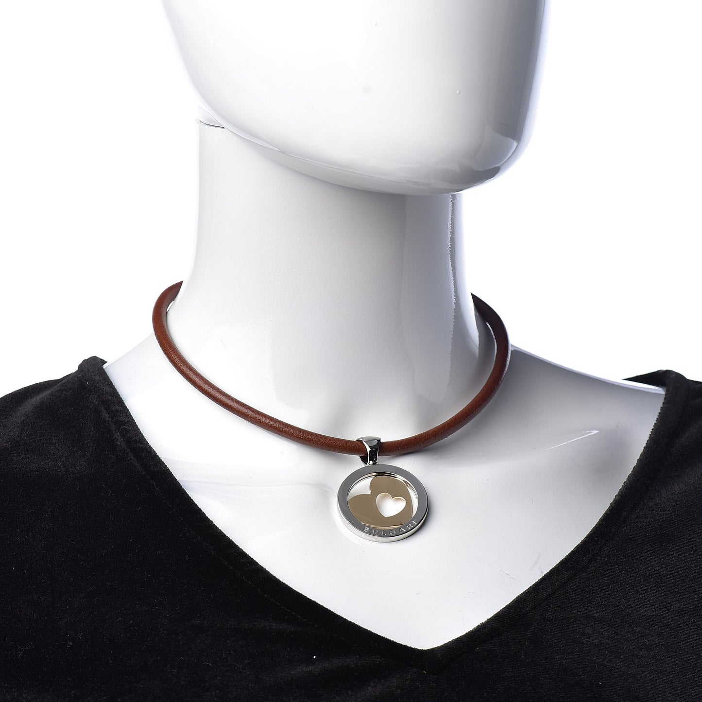Stainless Steel 18K Yellow Gold Calfskin Tondo Heart Pendant Necklace Brown