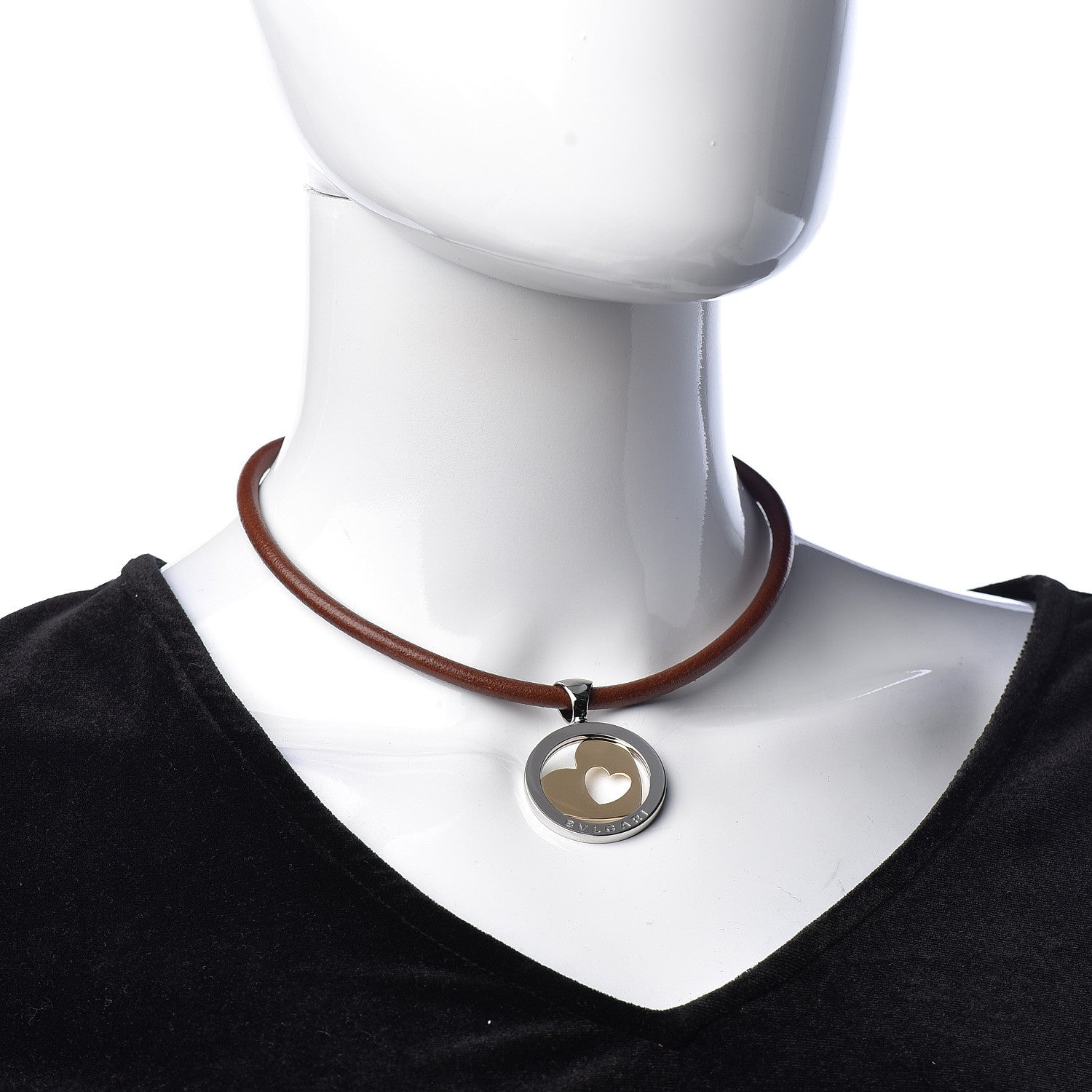 Bulgari Stainless Steel 18K Yellow Gold Calfskin Tondo Heart Pendant Necklace Brown 2 of 9