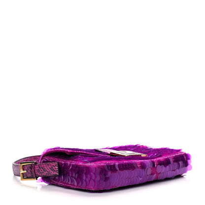 Fendi Satin Sequin Paillettes Bilics Lustre Snakeskin Medium Baguette 1997 Dark Pink 3 of 9