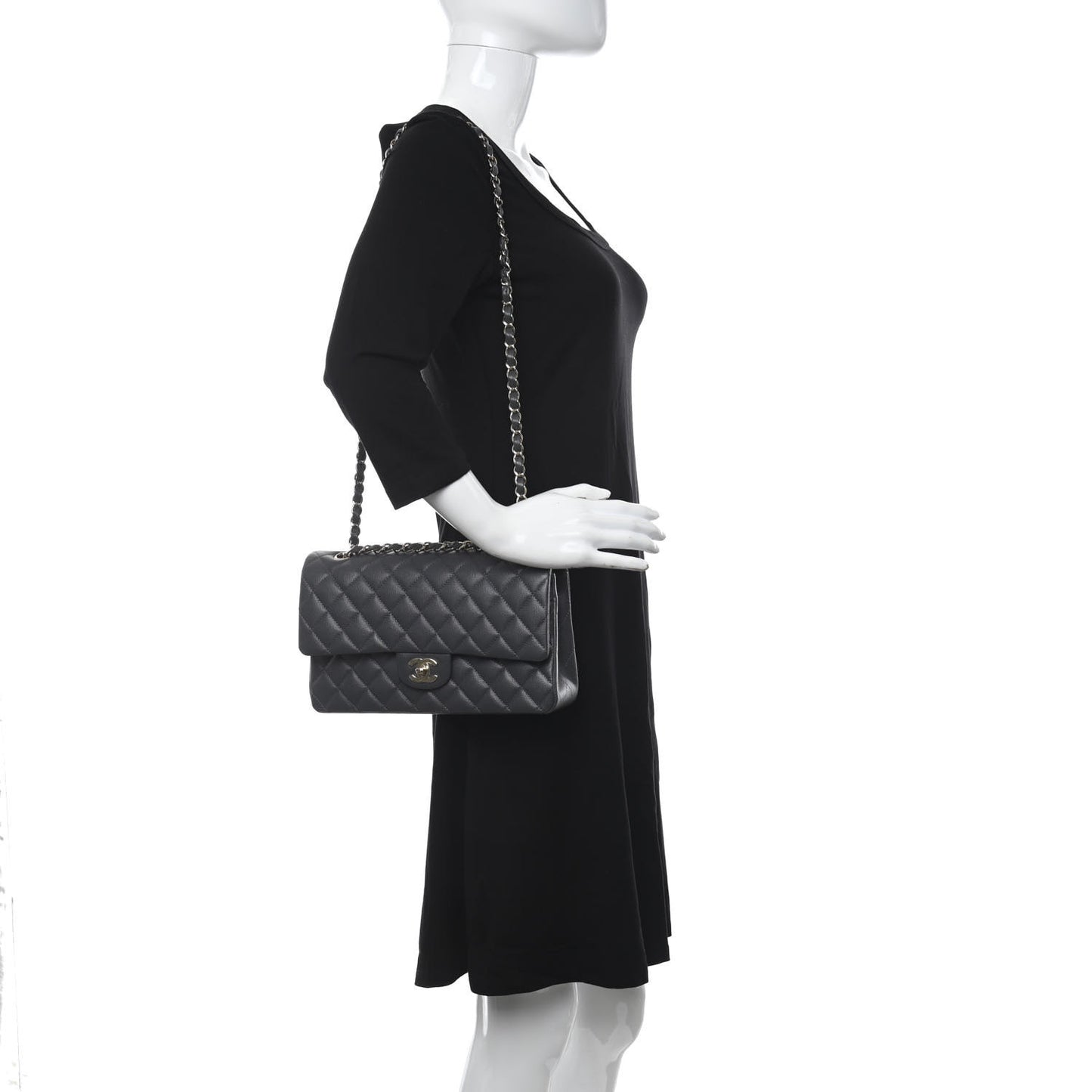 Caviar Quilted Medium Double Flap Dark Grey