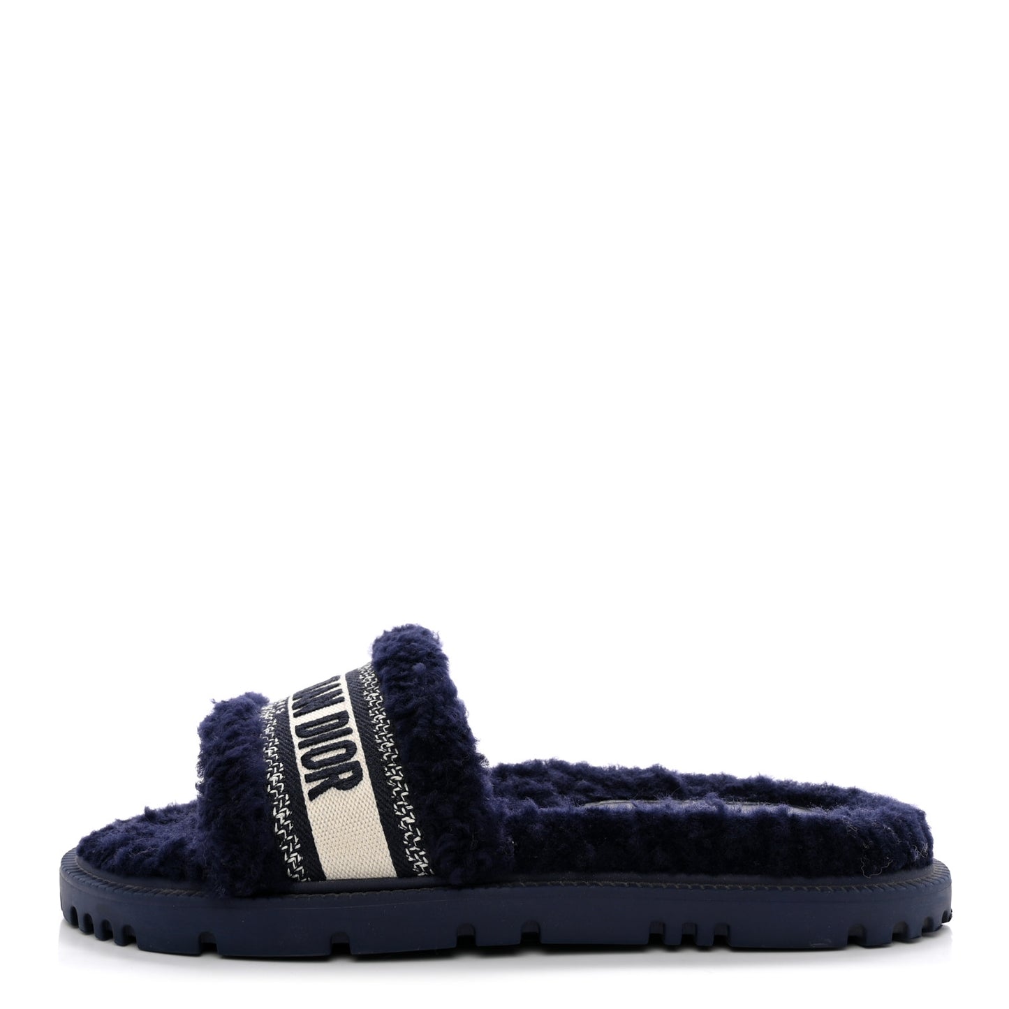 Shearling Canvas Embroidered Dway 10mm Slide Sandals 40 Deep Blue Natural