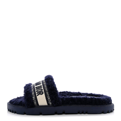 Christian Dior Shearling Canvas Embroidered Dway 10mm Slide Sandals 40 Deep Blue Natural 1 of 11