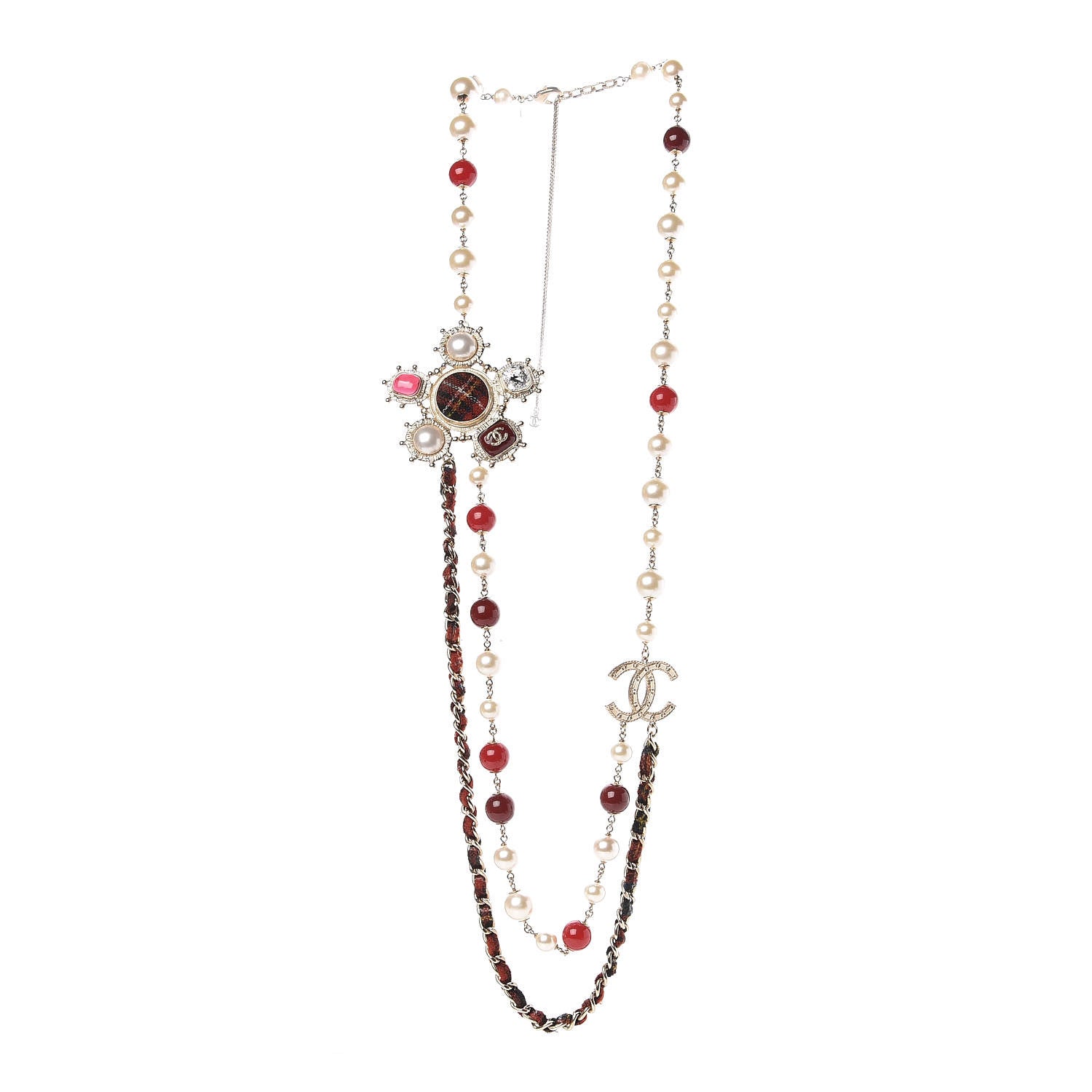 Chanel Gripoix Crystal Pearl Tweed Medallion Necklace Red Gold 3 of 6