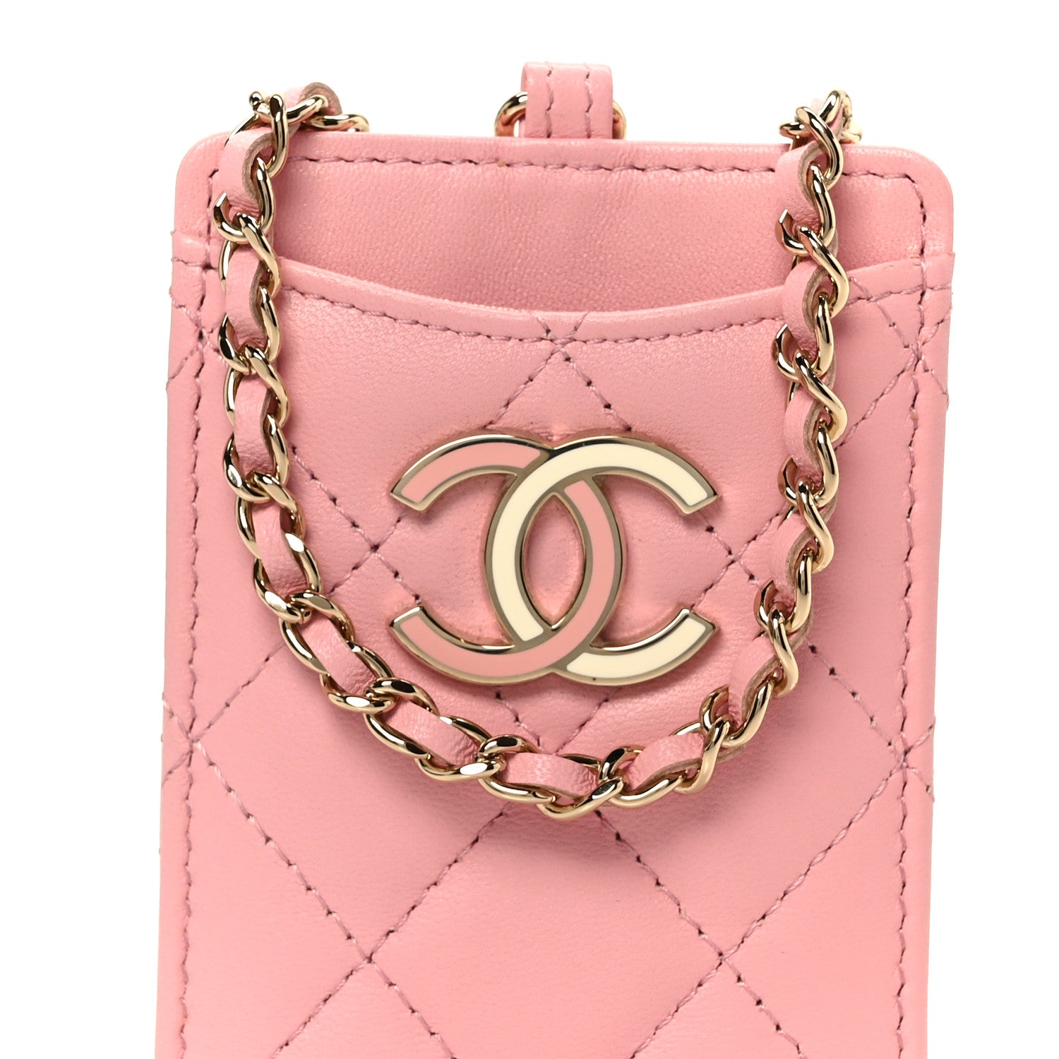 Chanel Lambskin Quilted Enamel Chanel Card Holder On Chain Light