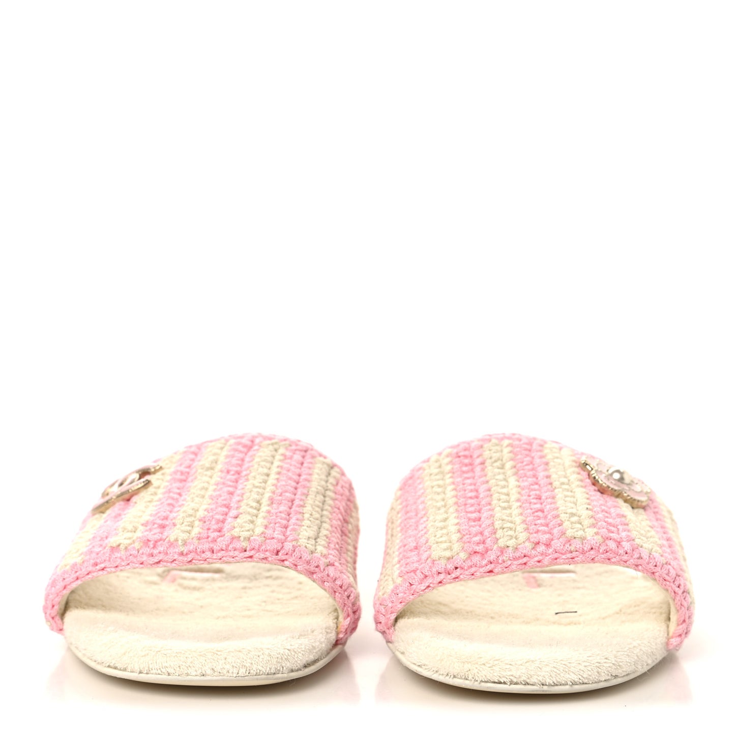 Crochet Striped Enamel Camellia Mules Sandals 37.5 Ivory Pink