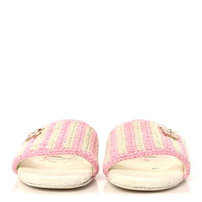 Chanel Crochet Striped Enamel Camellia Mules Sandals 37.5 Ivory Pink 3 of 9