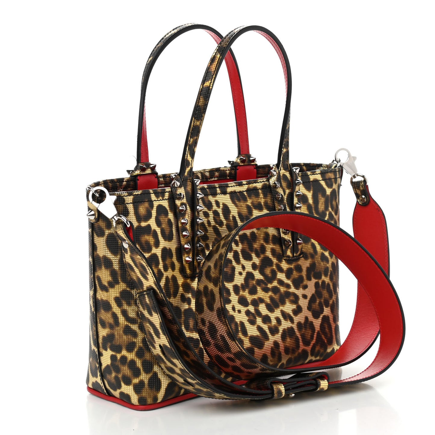 Grained Calfskin Leopard Print Spikes Mini East West Cabata Tote Gold