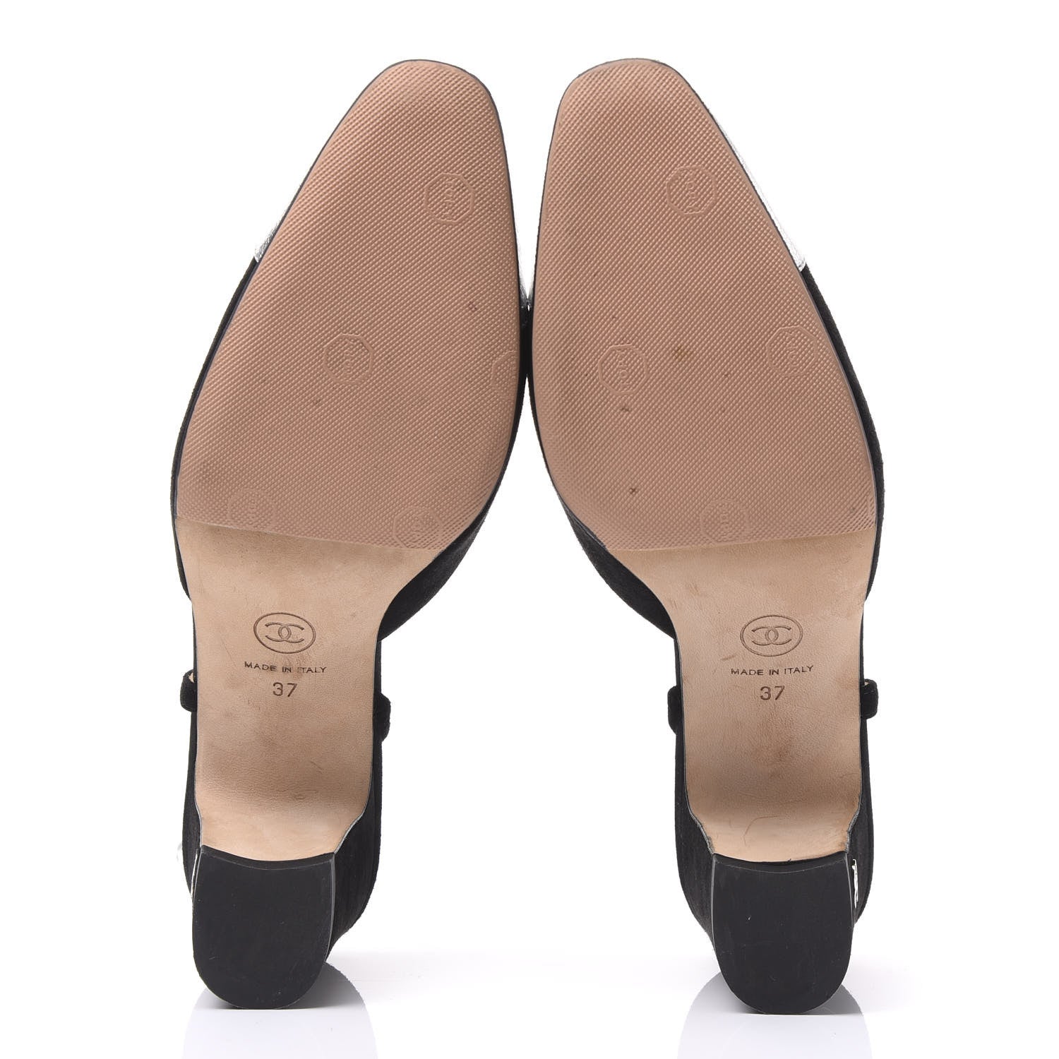 Chanel Kid Suede Metallic Lambskin Cap Toe CC Slingback Pumps 37 Black Silver Gold 5 of 9
