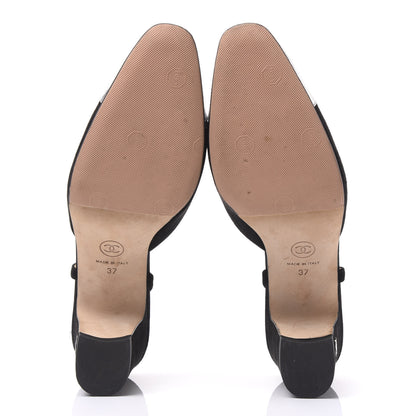 Chanel Kid Suede Metallic Lambskin Cap Toe CC Slingback Pumps 37 Black Silver Gold 5 of 9