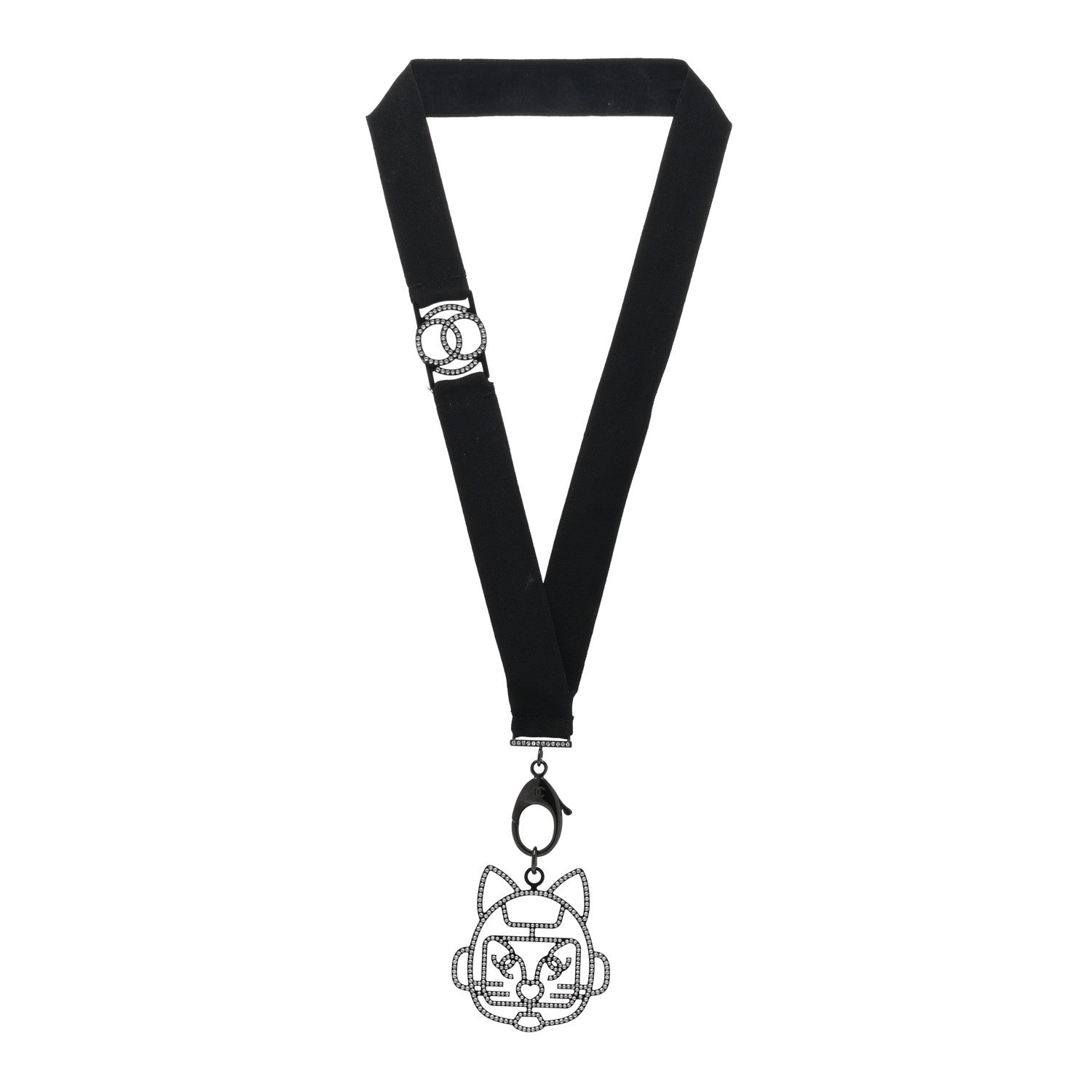 Chanel Crystal CC Emoji Robot Cat Lanyard Necklace Black Silver 3 of 5