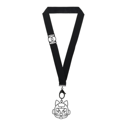 Chanel Crystal CC Emoji Robot Cat Lanyard Necklace Black Silver 3 of 5