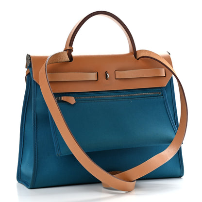 Hermes Vache Hunter Toile Herbag Zip 31 PM Bleu Natural 4 of 14