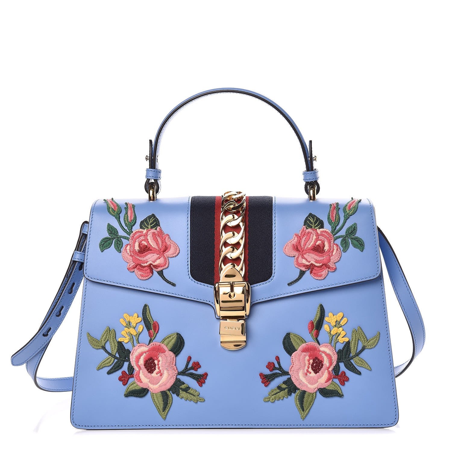 Gucci Calfskin Embroidered Medium Sylvie Top Handle Bag Clear Sky Blue 1 of 10