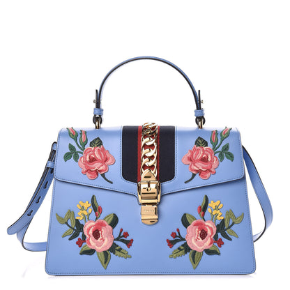 Gucci Calfskin Embroidered Medium Sylvie Top Handle Bag Clear Sky Blue 1 of 10