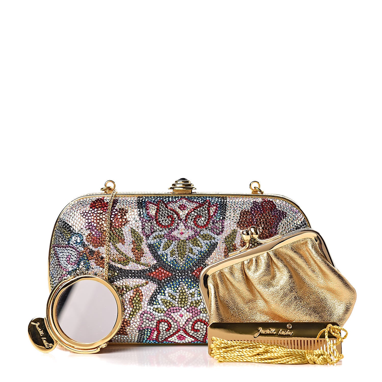 Judith Leiber Swarovski Crystal Flower Minaudiere Clutch Gold 3 of 10