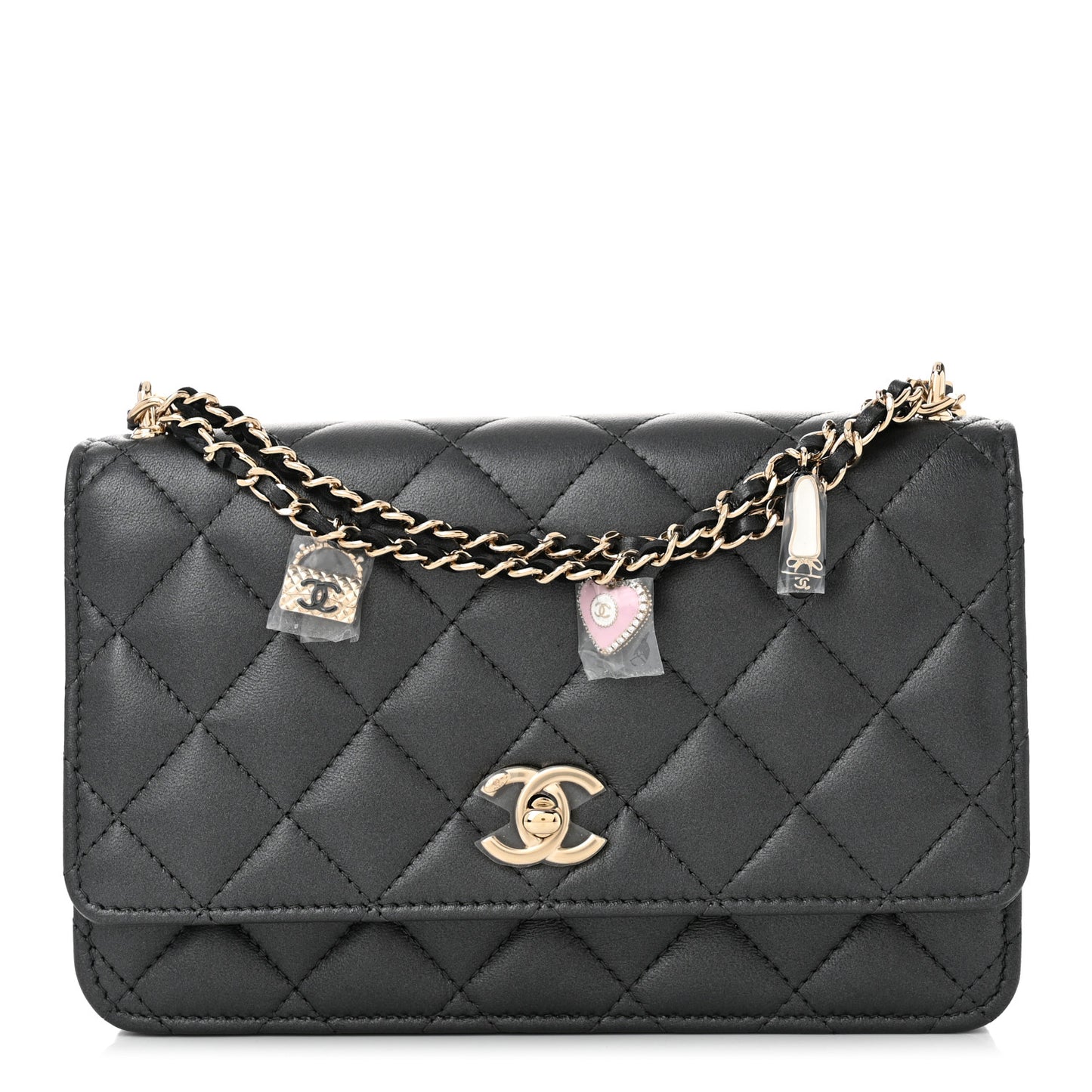 Pearly Lambskin Quilted Charms Wallet On Chain WOC Black