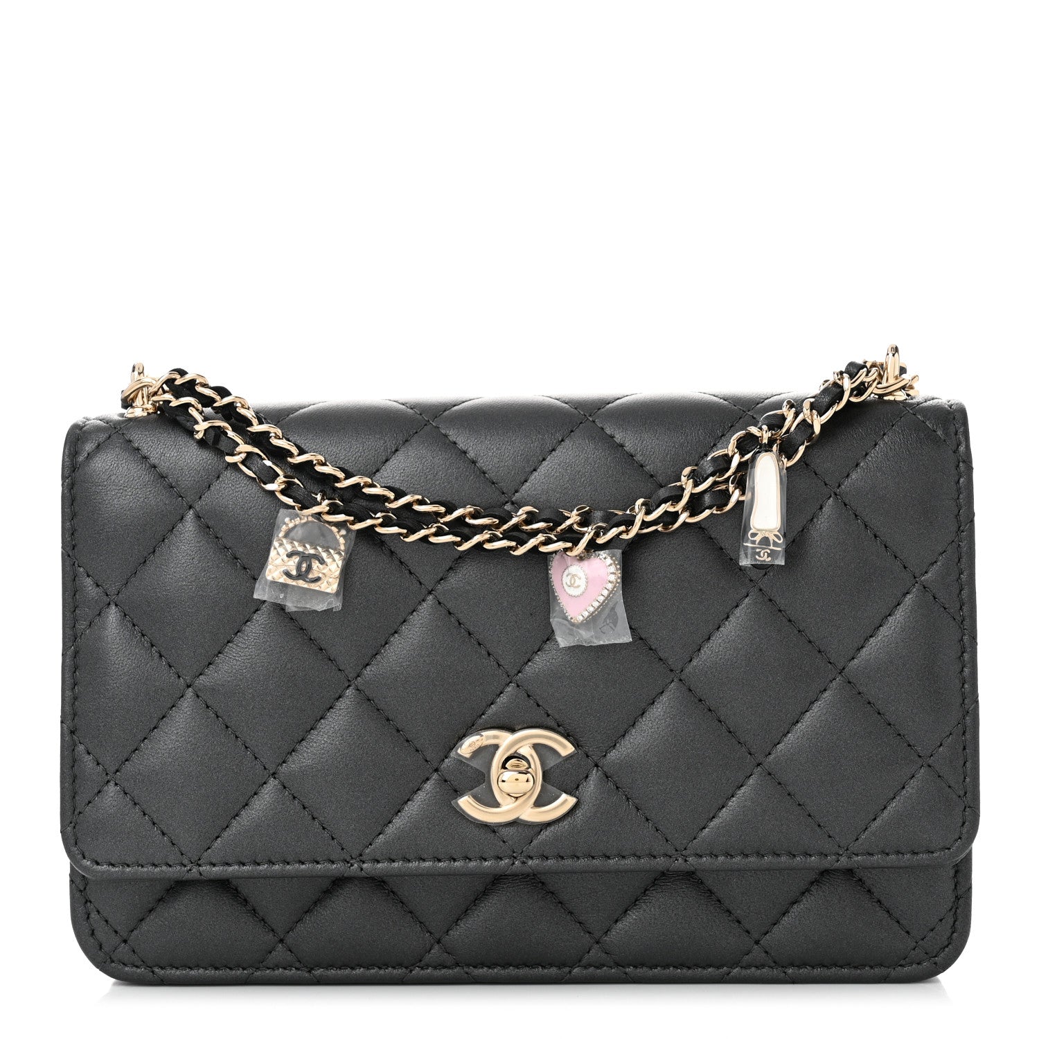 Chanel Pearly Lambskin Quilted Charms Wallet On Chain WOC Black 1 of 12