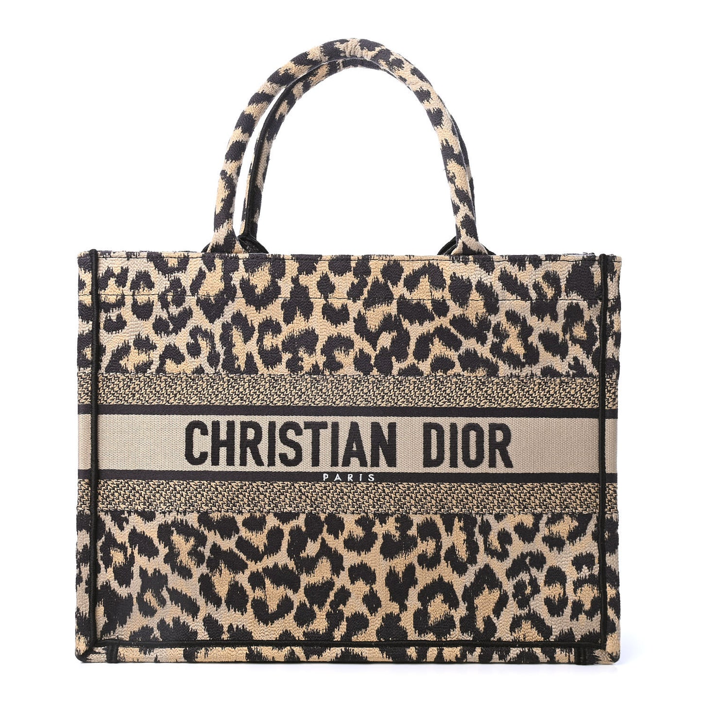 Canvas Mizza Embroidered Medium Leopard Book Tote Beige