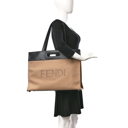 Fendi Canvas Vitello King Logo Embroidered East West Shopper Tote Sand Black 2 of 20