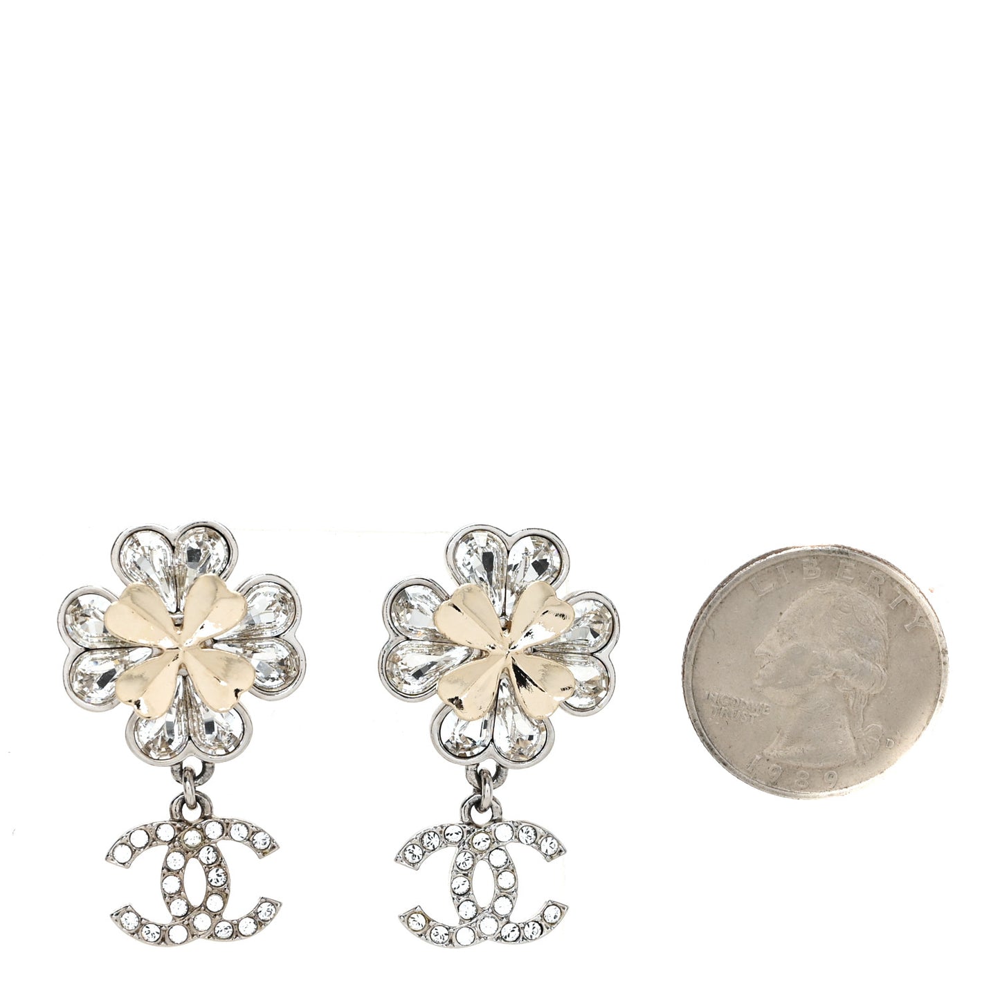 Crystal CC Clover Drop Earrings Silver Gold