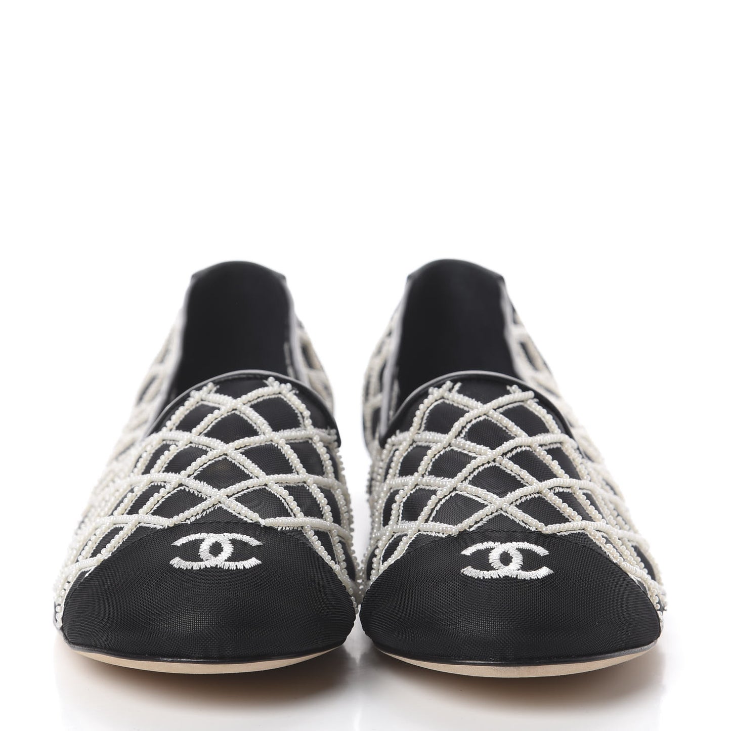 Mesh Pearl Grosgrain Cap Toe CC Loafers 40.5 Black Ivory