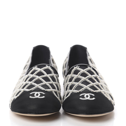 Chanel Mesh Pearl Grosgrain Cap Toe CC Loafers 40.5 Black Ivory 2 of 7