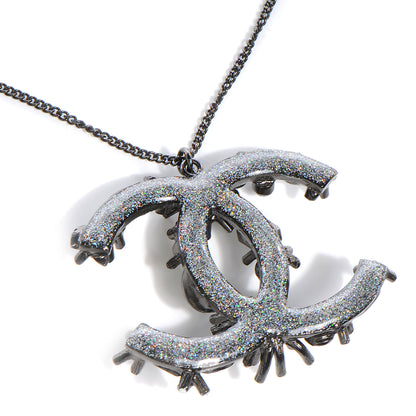 Chanel Glitter Crystal Large CC Pendant Necklace Dark Silver 3 of 4