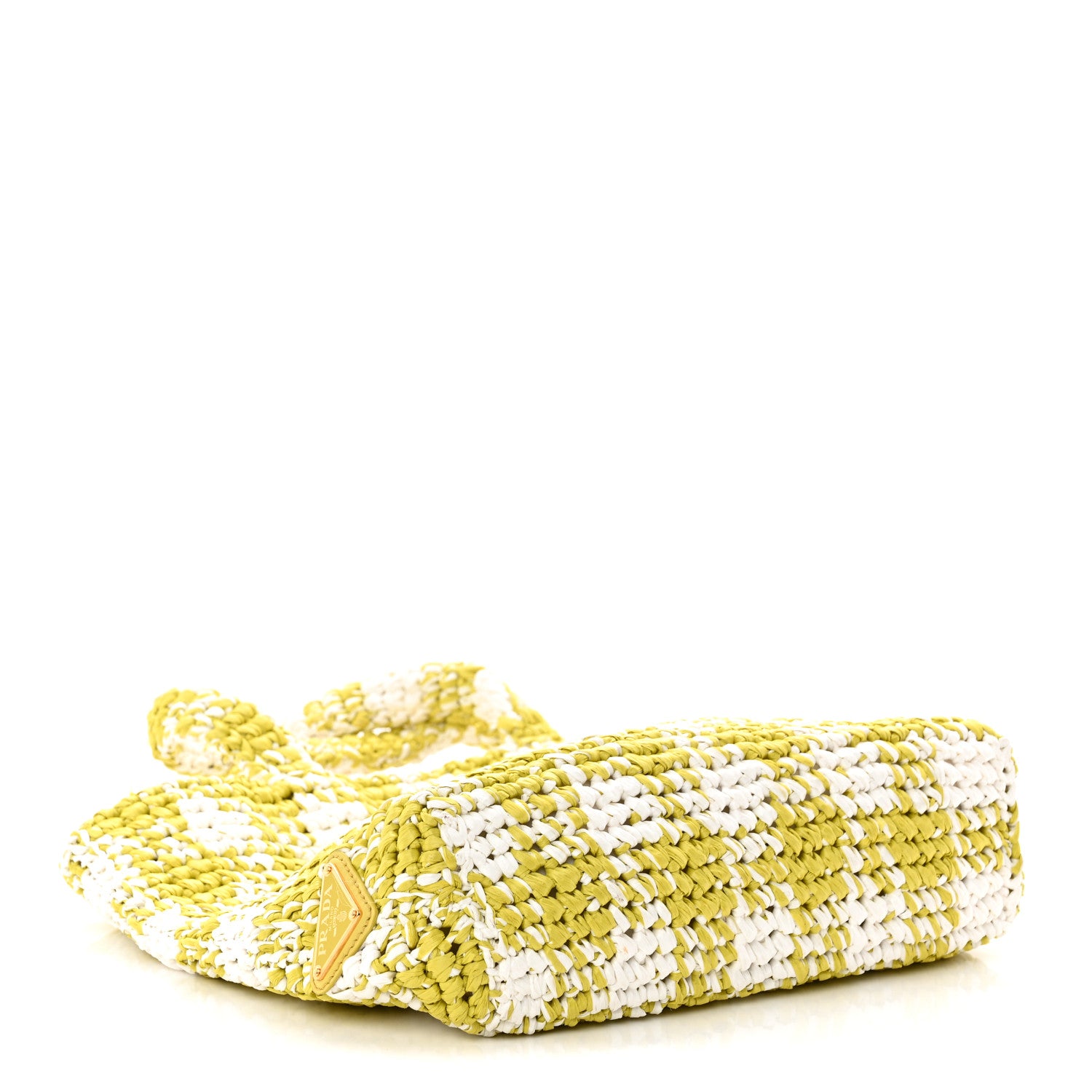 Prada Yarn Raffia Effect Crochet Embroidered Small Logo Tote Citron Yellow 4 of 9