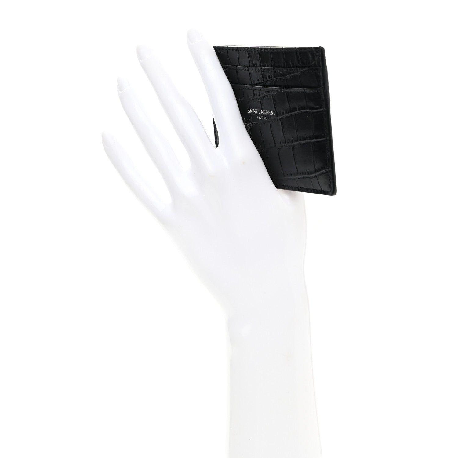 Saint Laurent Calfskin Crocodile Embossed Card Case Black 2 of 9