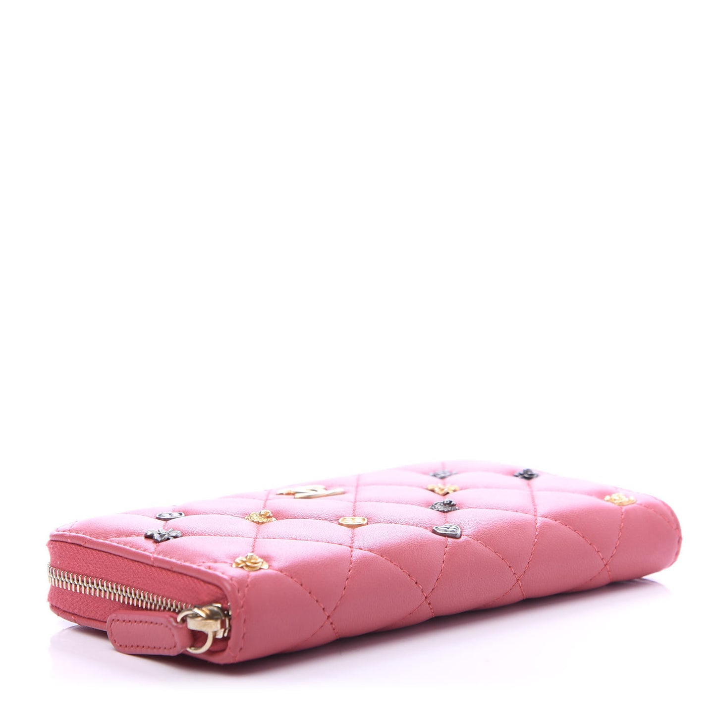 Lambskin Quilted Small Lucky Charms Zip Around Wallet Pink