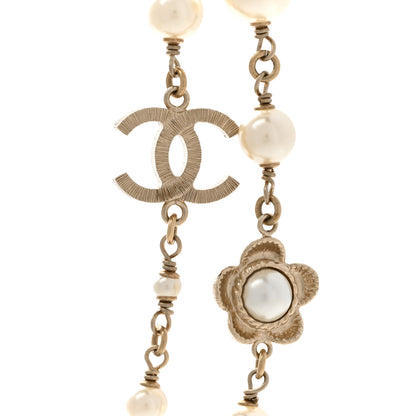 Chanel Pearl Bead CC Flower Long Necklace Gold 4 of 8