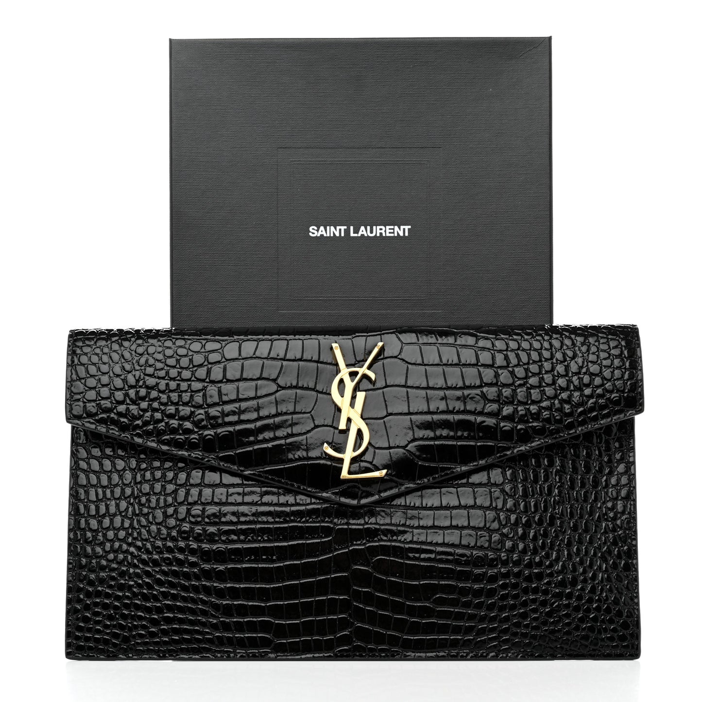 Calfskin Crocodile Embossed Uptown Monogram Clutch Black