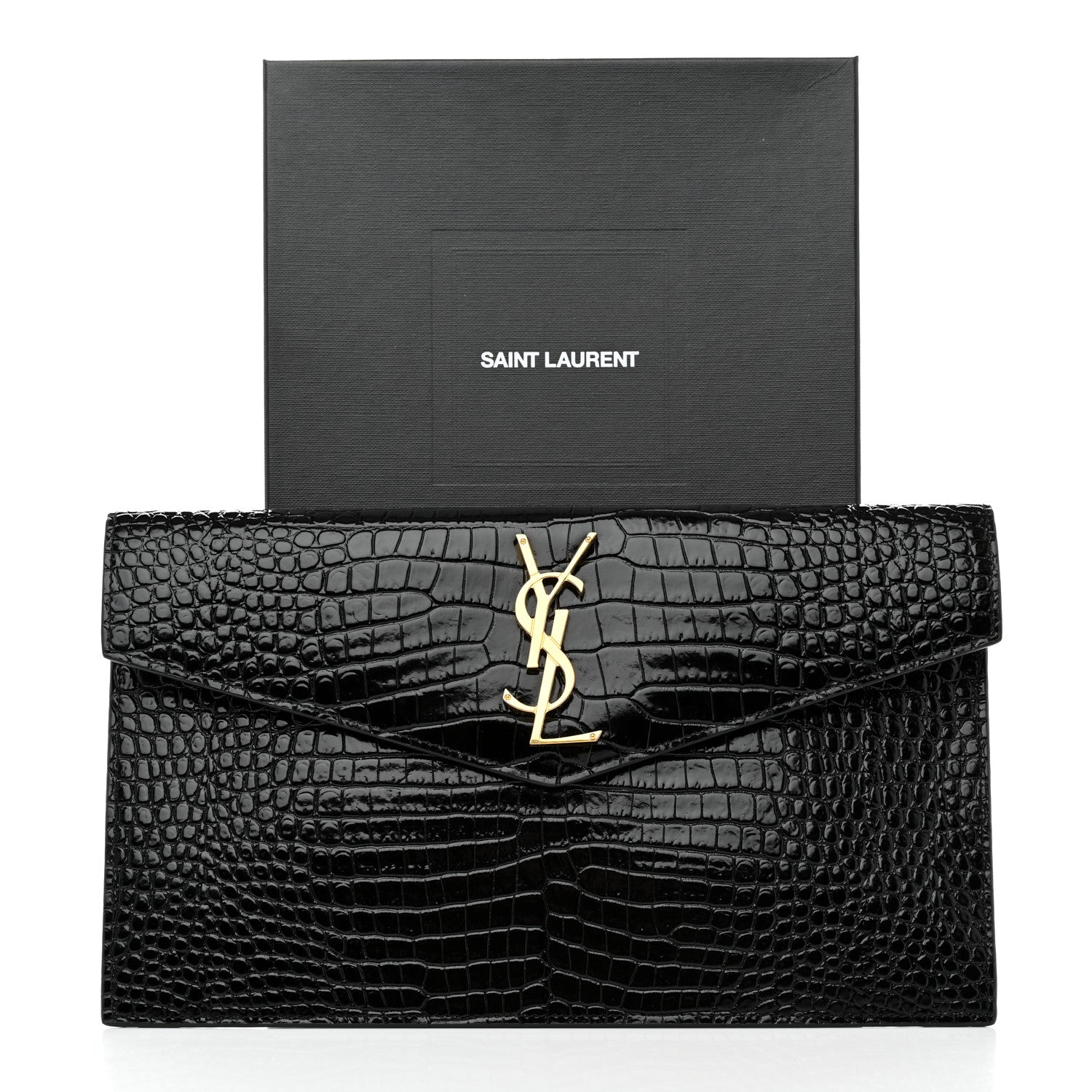 Saint Laurent Calfskin Crocodile Embossed Uptown Monogram Clutch Black 7 of 7