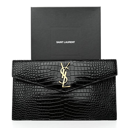 Saint Laurent Calfskin Crocodile Embossed Uptown Monogram Clutch Black 7 of 7
