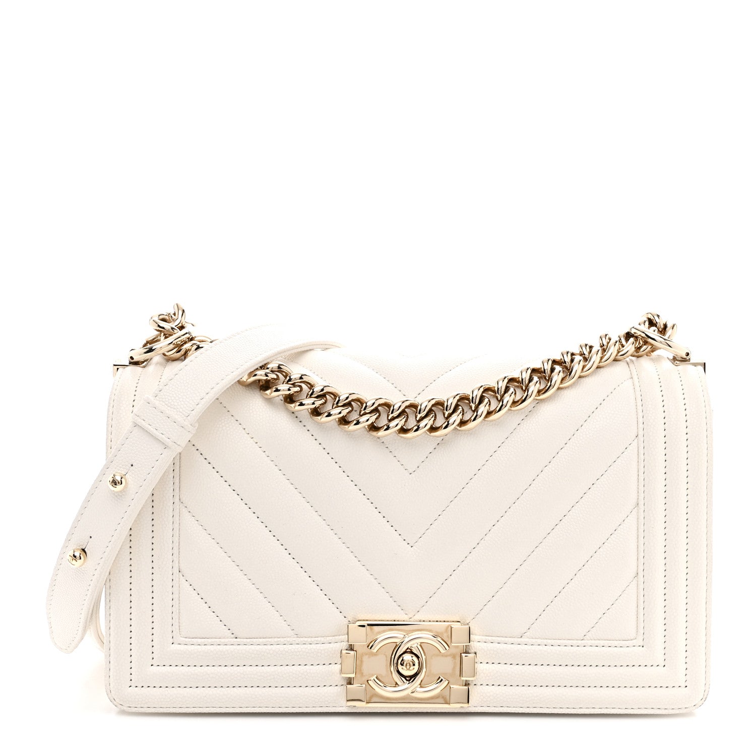 Chanel Caviar Chevron Quilted Medium Boy Flap White 1 of 12