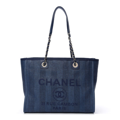 Chanel Mixed Fibers Striped Small Deauville Tote Navy Blue 1 of 9