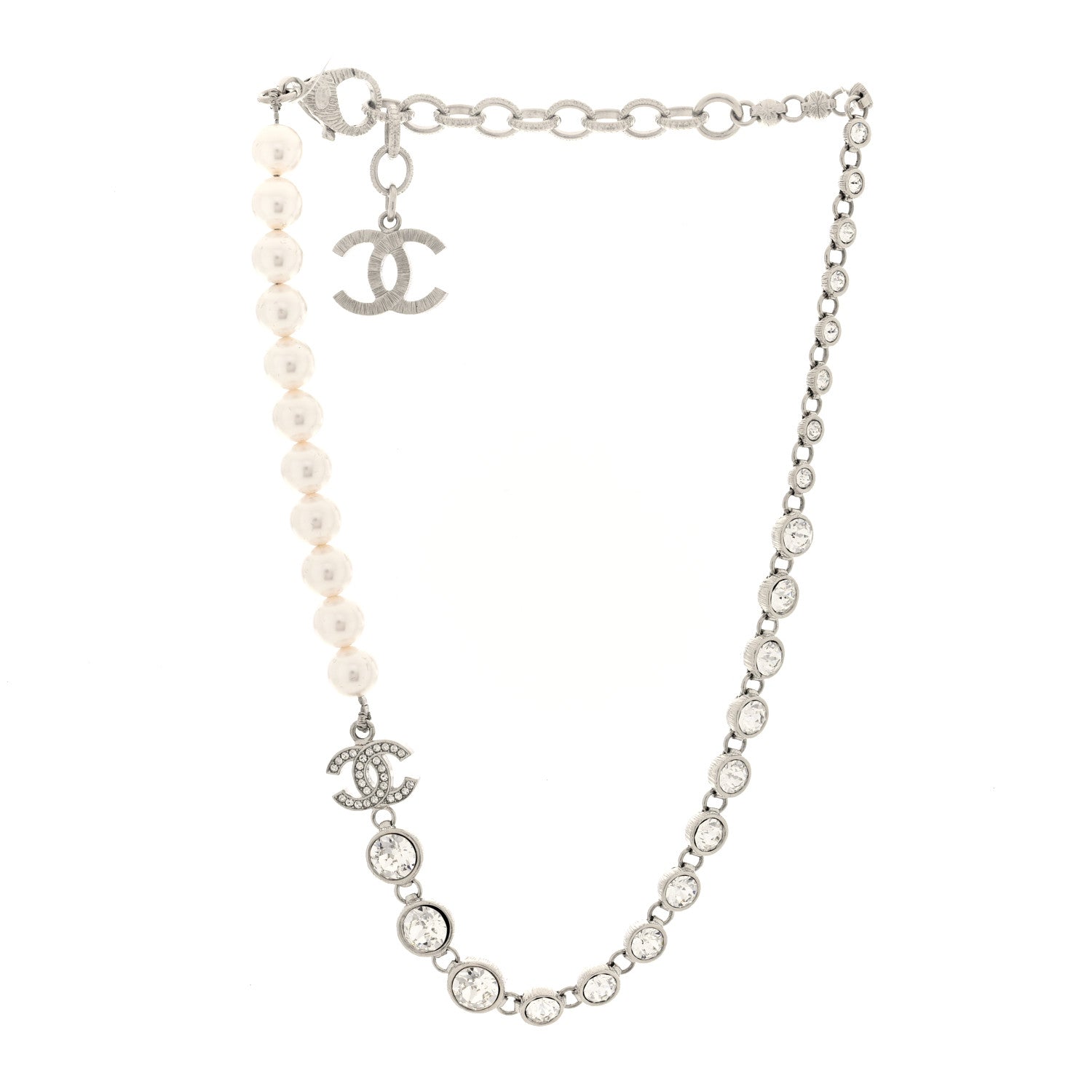 Chanel Pearl Crystal CC Choker Necklace Silver 3 of 5
