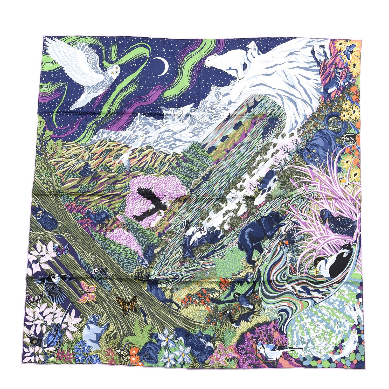 Hermes Silk Into The Canadian Wild Scarf 90 Marine Vert Rosa 1 of 4