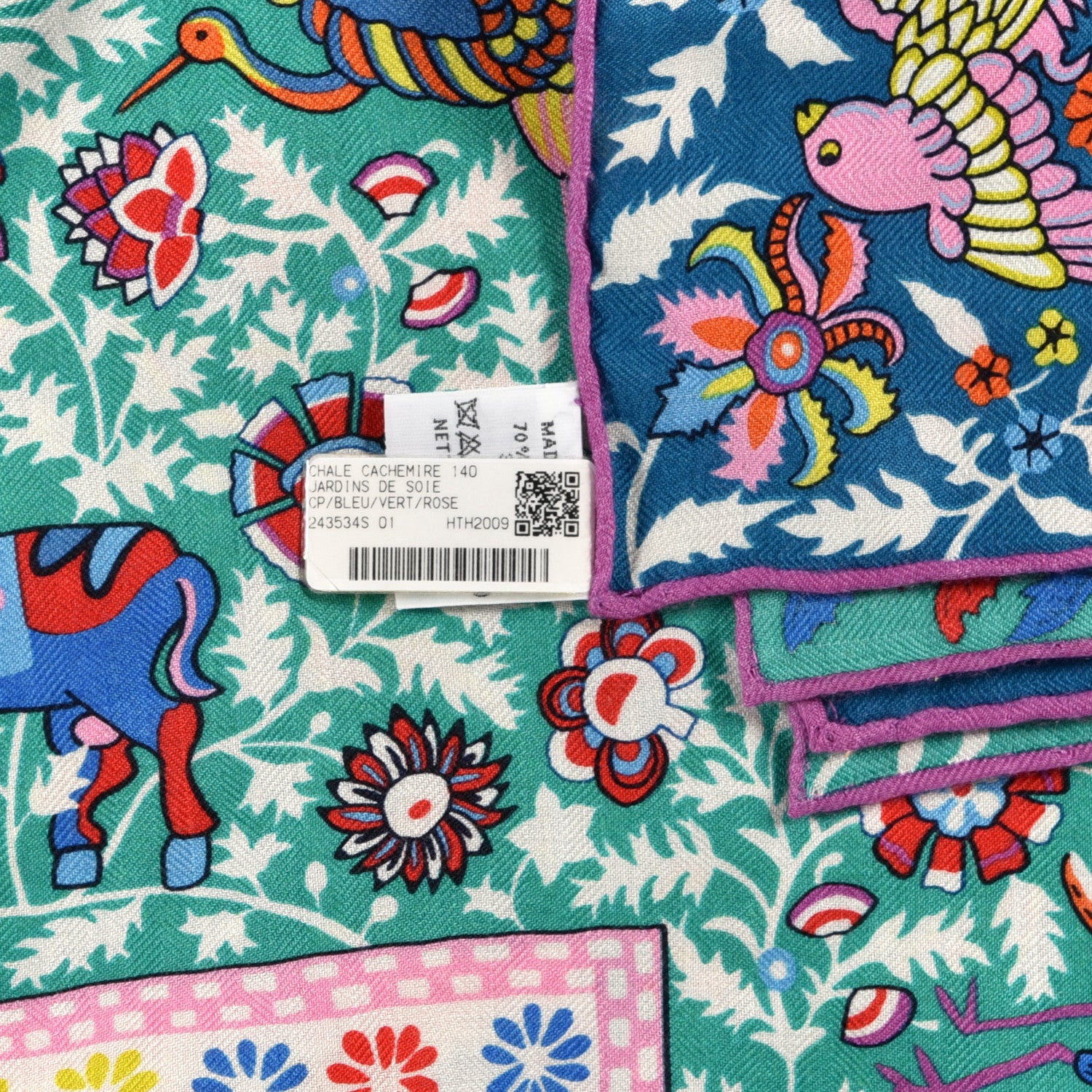 Hermes Cashmere Silk Jardins De Soie Shawl 140 Bleu Vert Rose 10 of 10